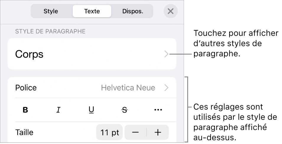 Menu Format montrant les commandes de texte permettant de définir les styles, la police, la taille et la couleur des paragraphes et des caractères.