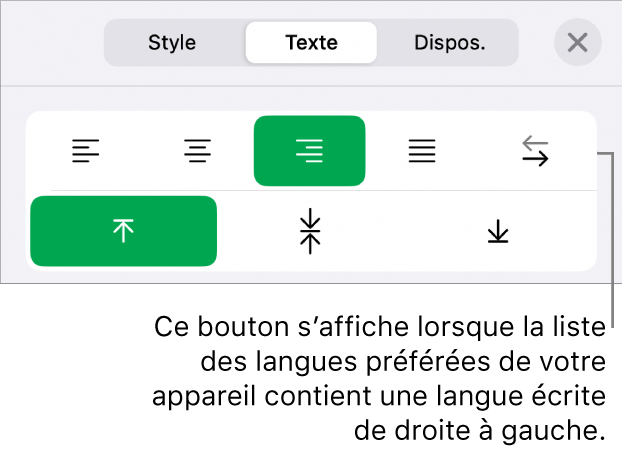 La section Style du menu Format avec une légende pour le bouton « Droite à gauche ».