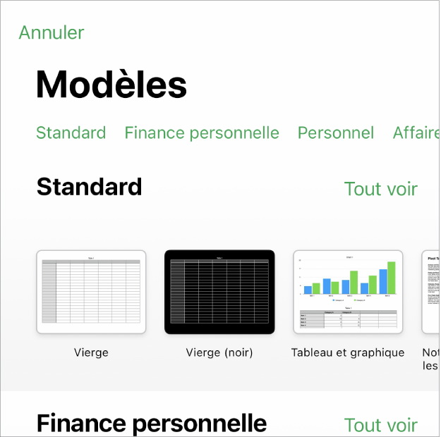 La liste de modèles, avec un rang de catégories en haut que vous pouvez toucher pour filtrer les options. En dessous, vous trouverez les vignettes des modèles prédéfinis disposées en rangs par catégorie, en commençant par Récents en haut, puis Standard. Un bouton Tout afficher apparaît à droite au-dessus du rang de chaque catégorie.