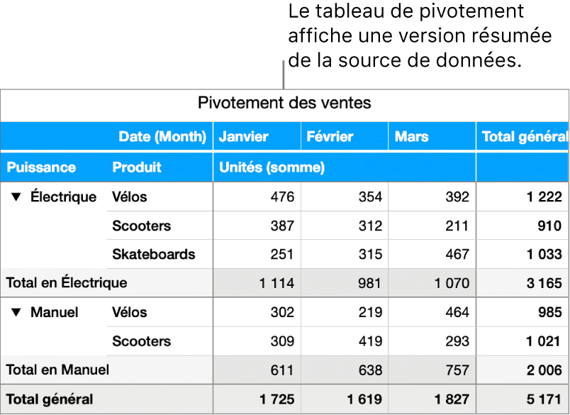 Un tableau croisé dynamique présentant des données synthétisées ainsi que des commandes pour afficher certaines données.