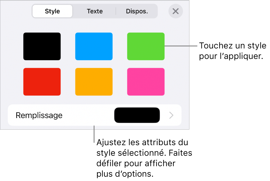 L’onglet Style du menu Format avec les styles d’objet en haut et une commande au-dessous pour modifier le remplissage.