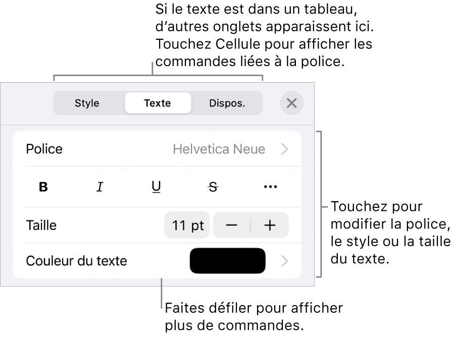 Commandes de texte du menu Format permettant de définir les styles, la police, la taille et la couleur des paragraphes et des caractères.