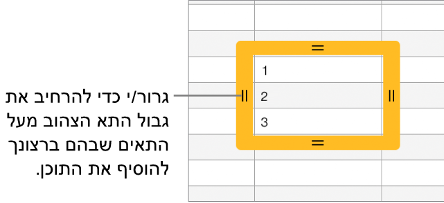 תא נבחר עם גבול צהוב גדול שניתן לגרור כדי למלא תאים באופן אוטומטי.