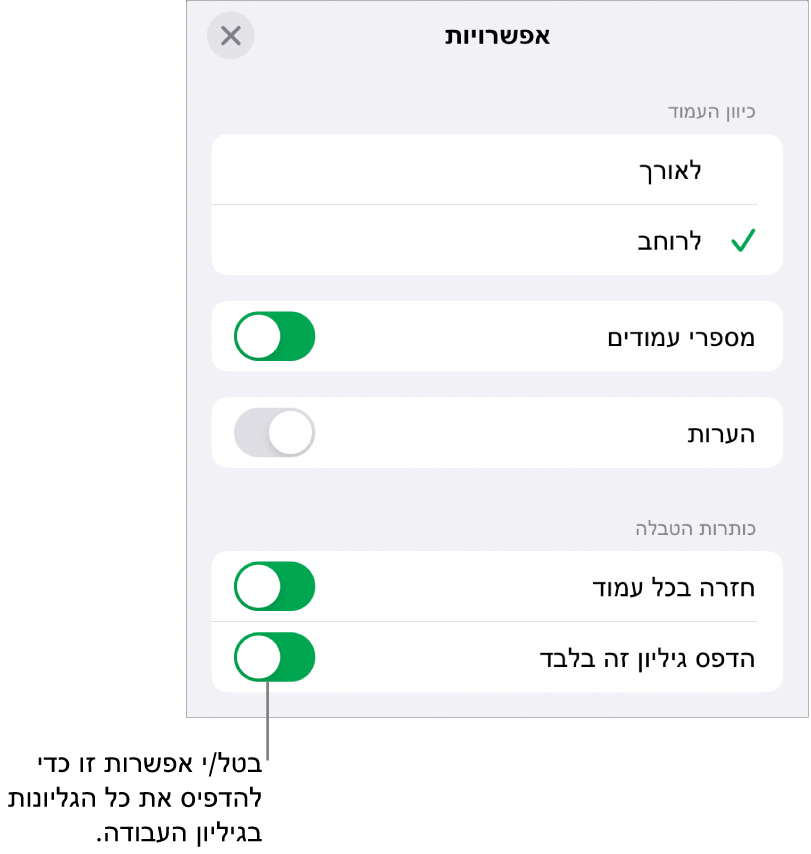 אפשרויות הדפסה לבחירת כיוון העמוד, להצגת מספרי עמודים וכותרות עליונות ולבחירת גודל הנייר והעמודים שיודפסו.