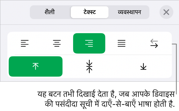 “दाएँ से बाएँ” बटन के लिए कॉलआउट वाले फ़ॉर्मैट मेनू का “शैली” सेक्शन।