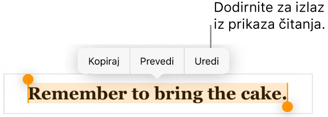 Rečenica je odabrana, a poviše nje je kontekstualni izbornik s tipkama Kopiraj i Uredi.