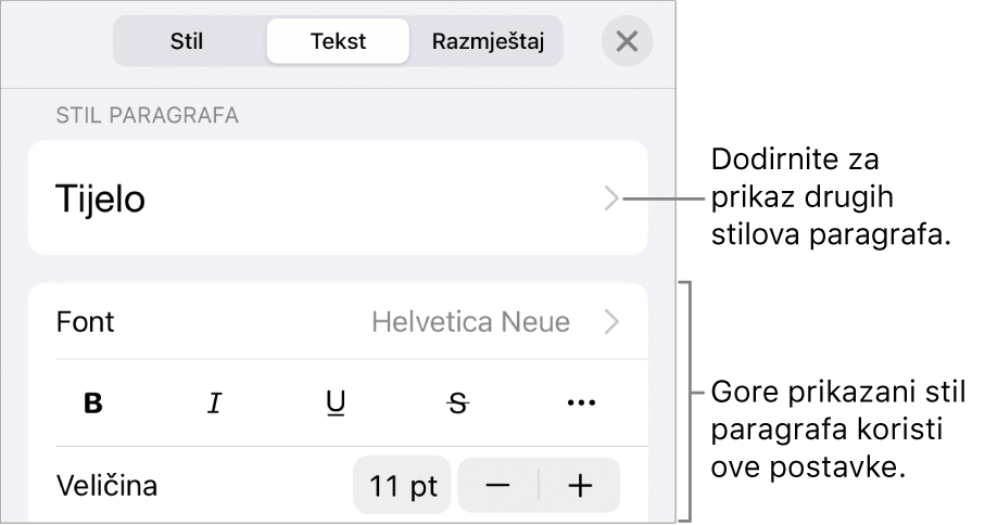 Izbornik Formatiraj s prikazom kontrola teksta za postavljanje paragrafa i stilova paragrafa, fonta, veličine i boje.