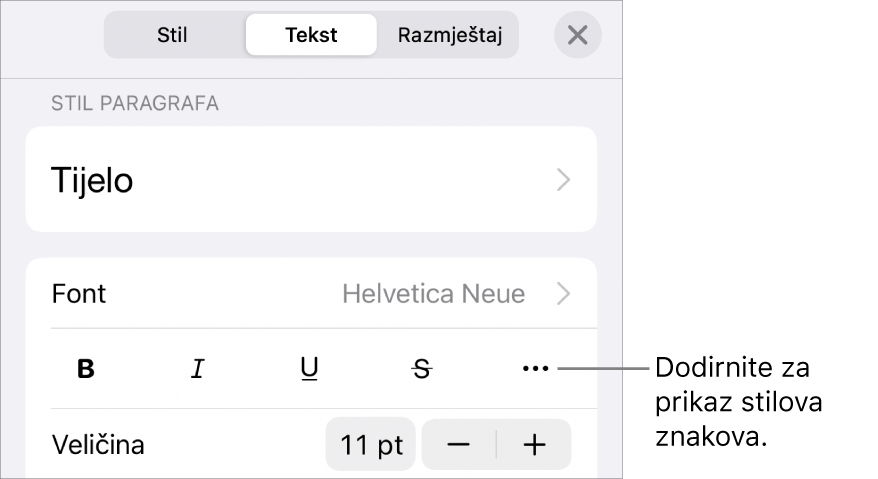 Kontrole opcije Formatiraj sa stilovima paragrafa pri vrhu, zatim kontrole Fonta. Ispod su tipke opcija teksta Podebljano, Kurziv, Podcrtavanje, Precrtavanje i Više.