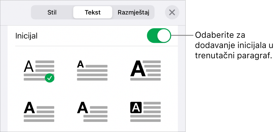 Kontrole opcija Inicijal koje se nalaze u izborniku Tekst.