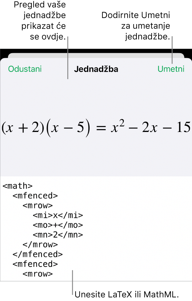 Dijaloški okvir Jednadžba koji prikazuje jednadžbu napisanu korištenjem MathML naredbi i prikaz gornje formule.