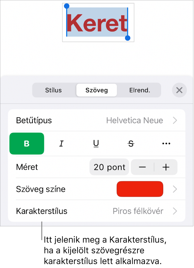 A Szövegformázás vezérlők a Karakterstílussal a Színek vezérlői alatt. A Nincs karakterstílus látható egy csillag szimbólummal.