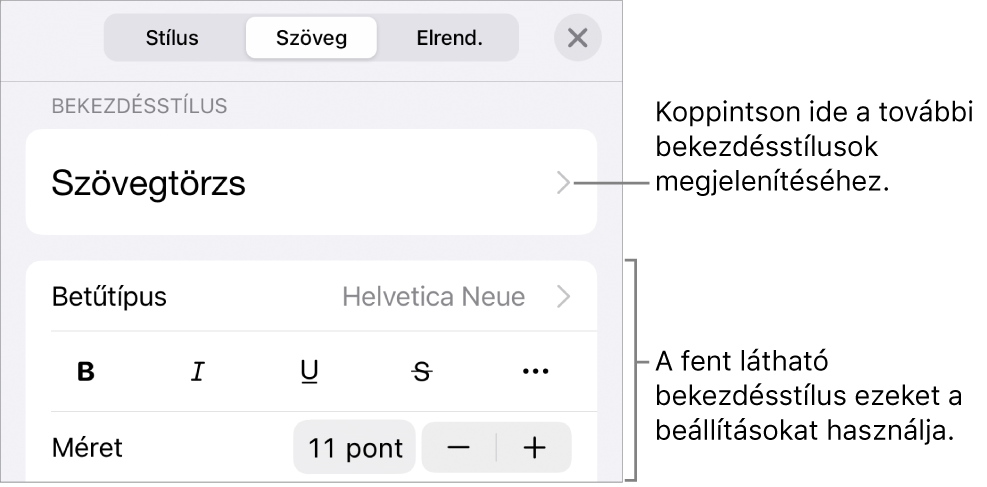 A Formátum menü a bekezdés és a karakterek stílusának, betűtípusának, méretének és színének beállítására szolgáló vezérlőkkel.