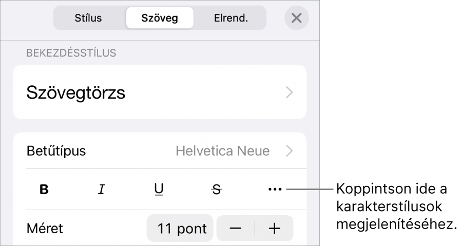 A formázásvezérlők a bekezdésstílusokkal a képernyő tetején, amelyeket a betűtípus-vezérlők követnek. A Betűtípus alatt a Félkövér, Dőlt, Aláhúzott, Áthúzott és További szövegbeállítások gombok találhatók.