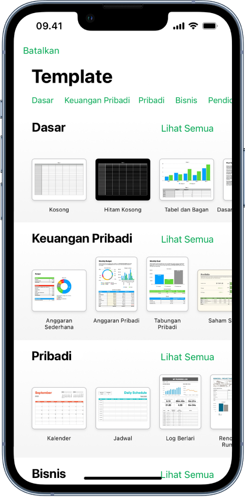 Pemilih template, menampilkan baris kategori di sepanjang bagian atas yang dapat Anda ketuk untuk memfilter pilihan. Di bawah adalah gambar mini template yang dirancang sebelumnya yang diatur menurut kategori, dimulai dengan Terbaru di bagian atas dan diikuti oleh Dasar dan Keuangan Pribadi. Tombol Lihat Semua muncul di atas dan di sebelah kanan setiap baris kategori. Tombol Bahasa dan Wilayah berada di pojok kanan atas.