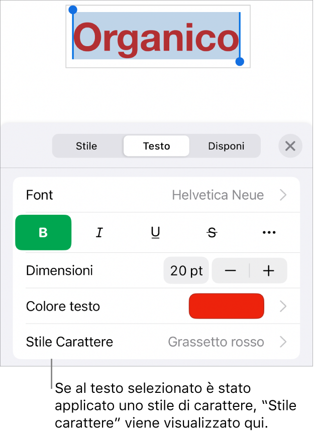 Controlli di Formato con “Stile carattere” sotto i controlli di Colore. Stile carattere Nessuno compare con un asterisco.