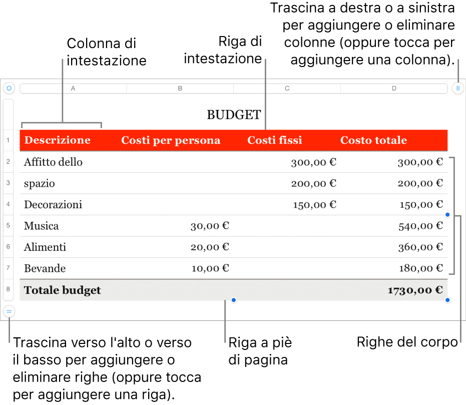 Tabella con righe e colonne di intestazione, corpo e piè di pagina, nonché le maniglie per aggiungere o eliminare righe o colonne.