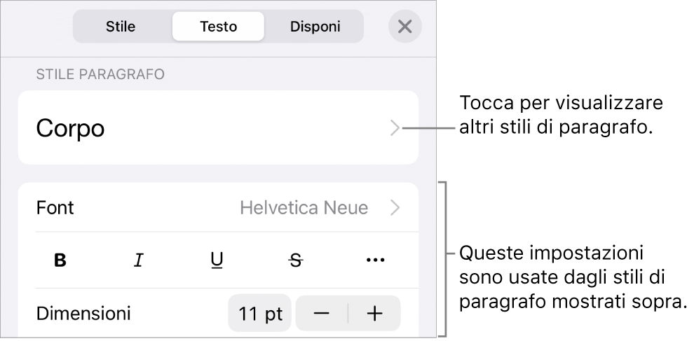 Menu Formato con controlli di testo per impostare stili carattere e paragrafo, font, dimensione e colore.