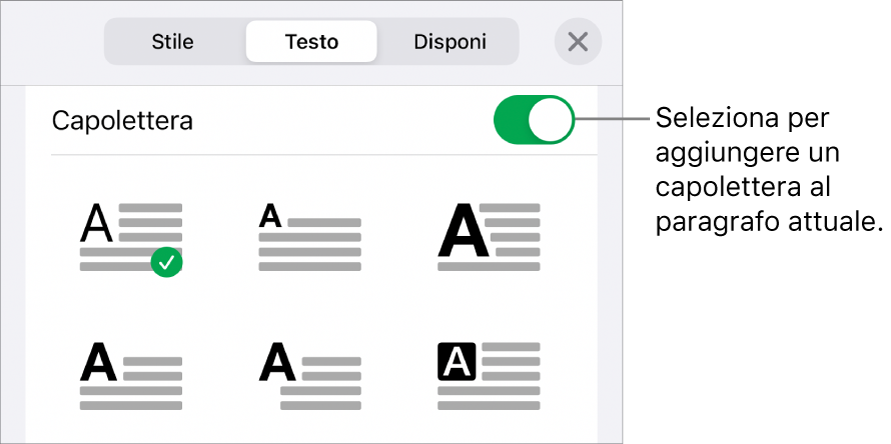 I controlli Capolettera situati nel menu Testo.