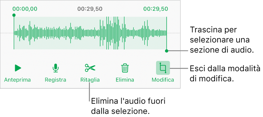 Controlli per modificare una registrazione audio. Maniglie che indicano la sezione selezionata della registrazione con pulsanti Anteprima, Registra, Ritaglia, Elimina e per la modalità di modifica al di sotto.