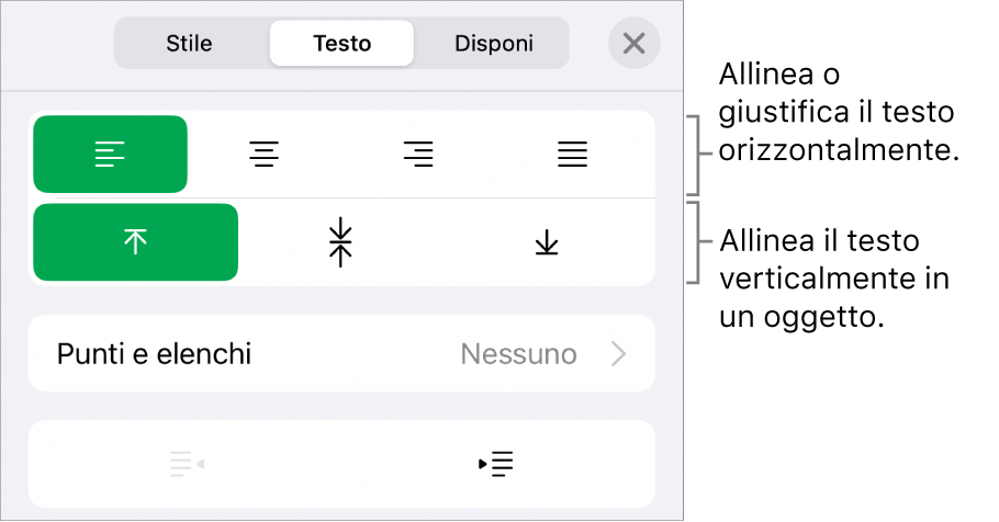 Sezione Layout dell’inspector Formattazione con didascalie per i pulsanti di allineamento e spaziatura del testo.