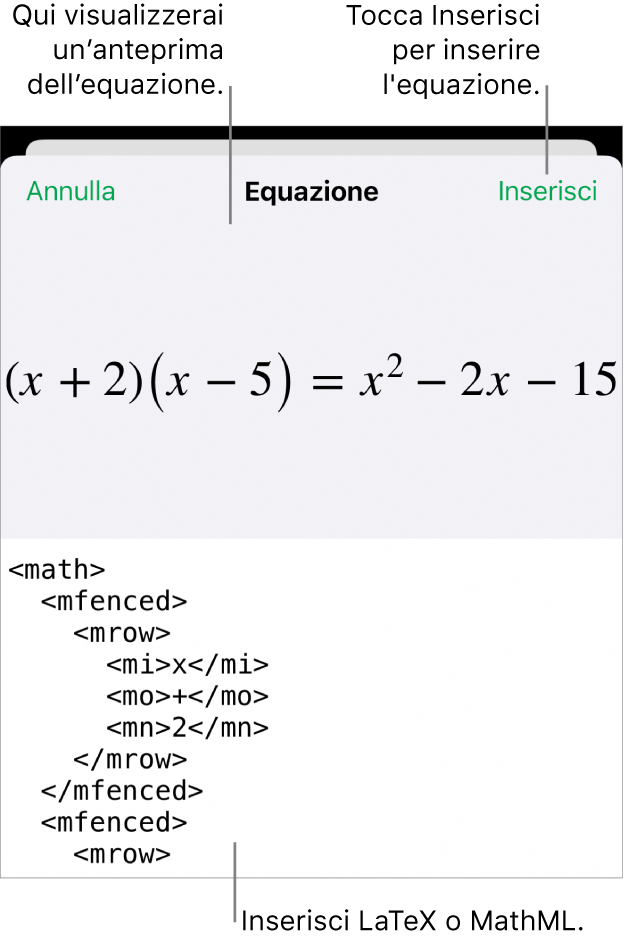 La finestra di dialogo Equazione che mostra l’equazione scritta tramite comandi MathML e un’anteprima della formula di cui sopra.