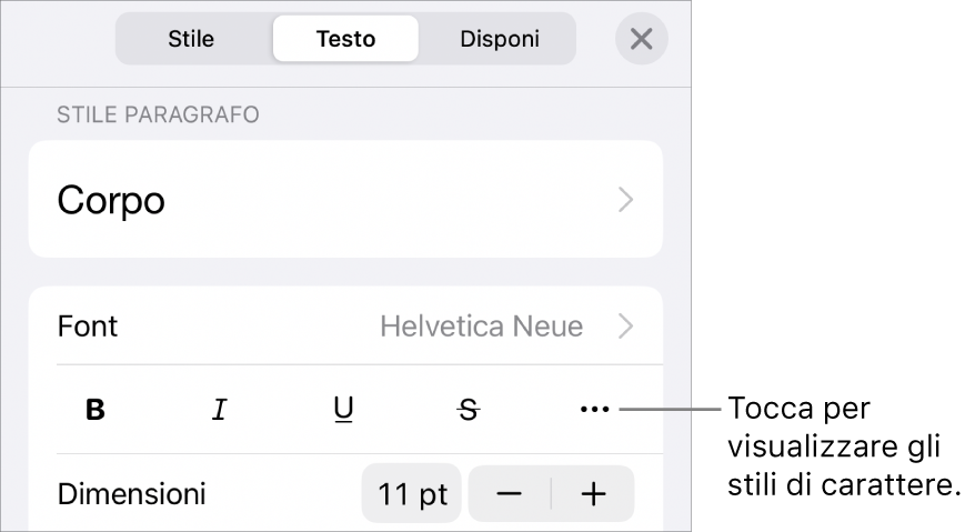 I controlli Formato con gli stili di paragrafo nella parte superiore, quindi i controlli Font. Sotto Font sono presenti i pulsanti Grassetto, Corsivo, Sottolineato, Barrato e “Altre opzioni di testo”.