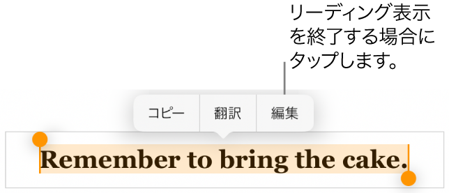 文章が選択され、その上のコンテクストメニューに「コピー」ボタンと「編集」ボタンが表示された状態。