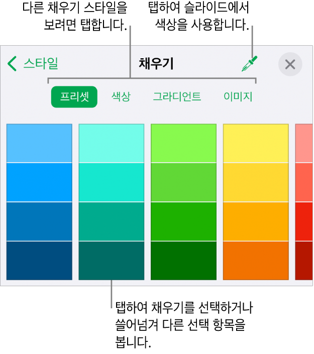 포맷 버튼의 스타일 탭에 있는 채우기 옵션.