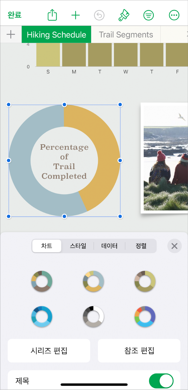 걷기를 완료한 길의 백분율을 표시하는 원형 차트. 시리즈나 차트 참조를 편집하고 차트 제목을 켜거나 끌 수 있는 옵션뿐만 아니라 다양한 차트 스타일을 선택할 수 있는 포맷 메뉴도 열려 있습니다.