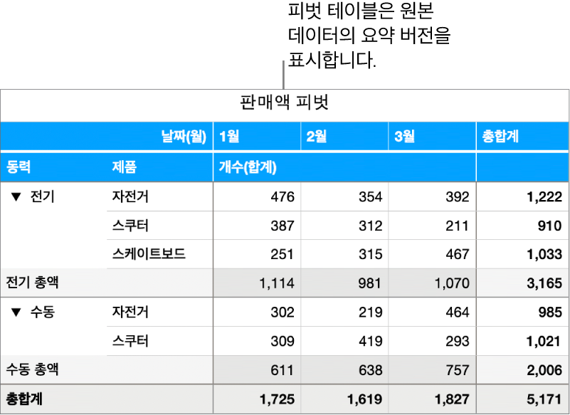 요약된 데이터 및 특정 데이터를 보기 위한 제어기를 표시하는 피벗 테이블.