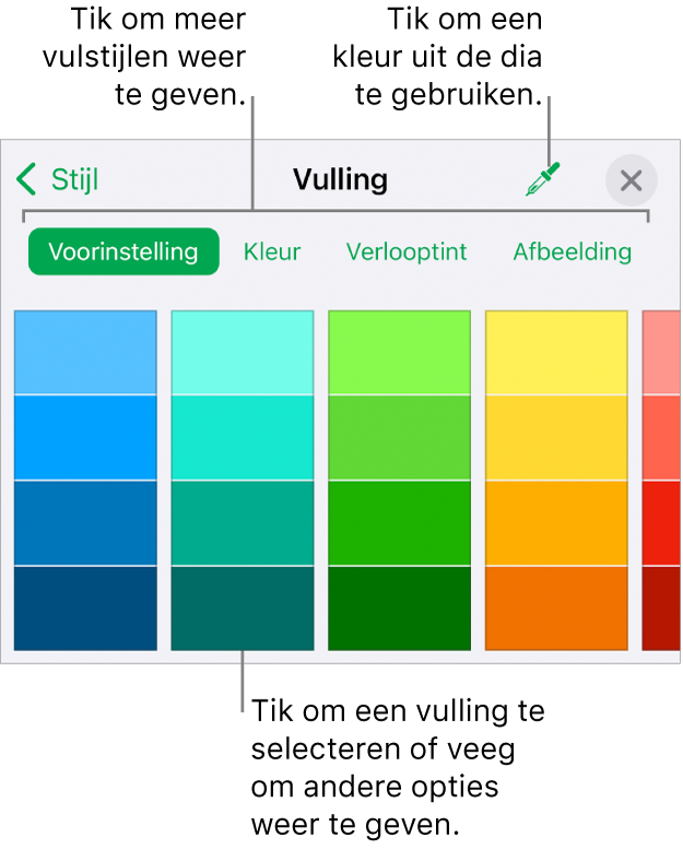 Vulopties in het tabblad 'Stijl' van de opmaakknop.