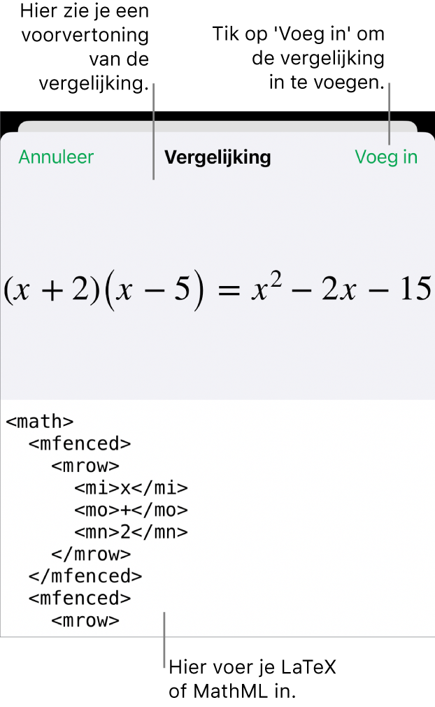 Het venster 'Vergelijking' met daarin een vergelijking die geschreven is met MathML-commando's en erboven een voorvertoning van de formule.