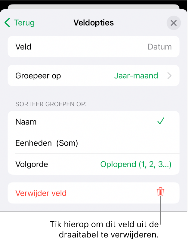 Het menu 'Veldopties', met de regelaars voor het groeperen en sorteren van gegevens, en de optie om een veld te verwijderen.