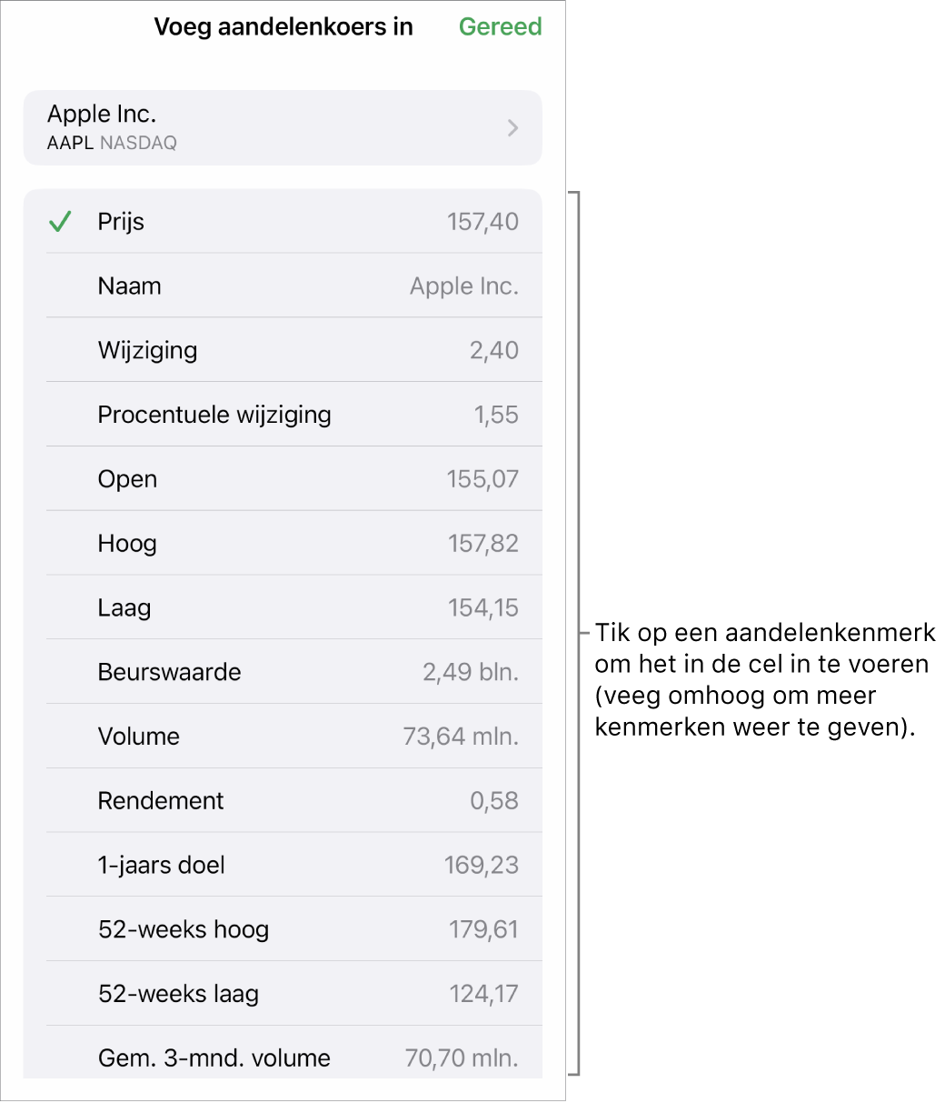 De pop‑over voor de aandelenkoers, met bovenaan de naam van het aandeel, en daaronder de kenmerken die je voor het aandeel kunt selecteren, zoals prijs, naam, wijziging, procentuele wijziging en open.