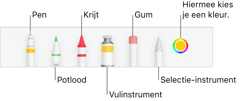 De knoppenbalk voor tekenen in Numbers op de iPhone met een pen, potlood, krijt, vulinstrument, gum en selectie-instrument en een kleurenvak met de huidige kleur.