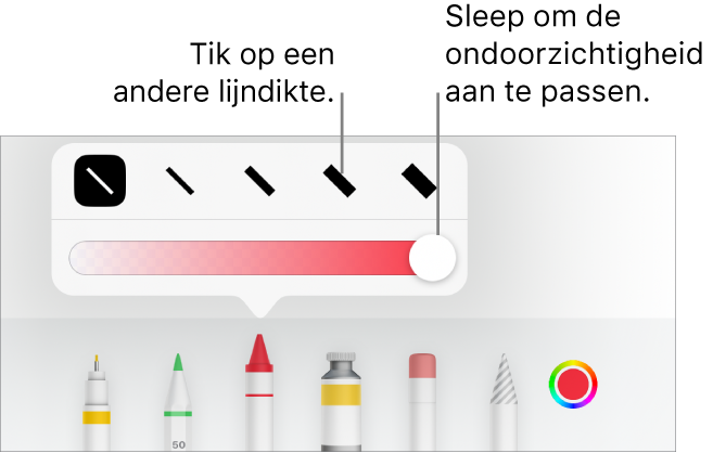 Regelaars voor het kiezen van een lijndikte en een schuifknop voor het aanpassen van de ondoorzichtigheid.