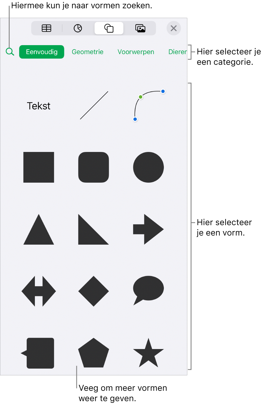De vormenbibliotheek met bovenaan categorieën en onderaan vormen. Je kunt het zoekveld bovenaan gebruiken om vormen te zoeken. Veeg om meer opties weer te geven.