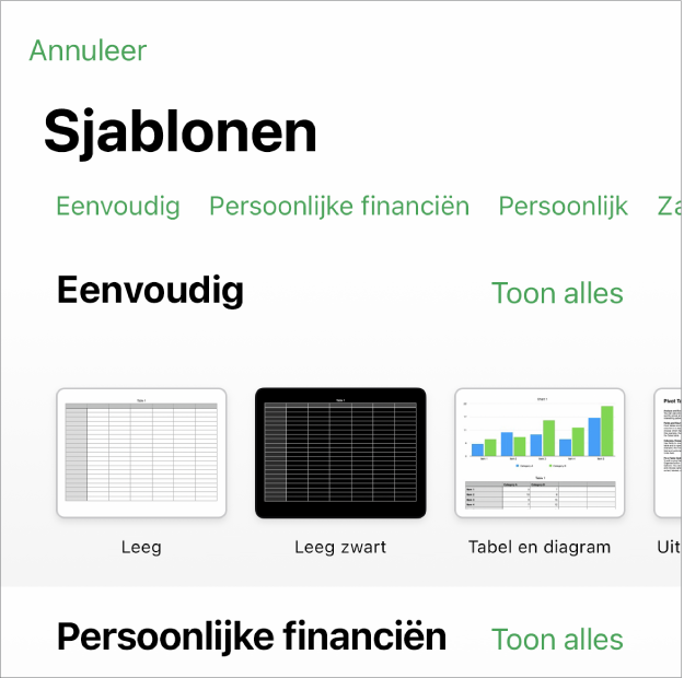 De sjabloonkiezer met bovenin een rij met categorieën waarmee je de beschikbare sjablonen kunt filteren. Daaronder staan miniaturen van vooraf gedefinieerde sjablonen die per categorie zijn gerangschikt. Bovenin staat de categorie 'Recent' en daaronder 'Eenvoudig'. Boven elke categorie staat de knop 'Toon alles' (aan de rechterkant).