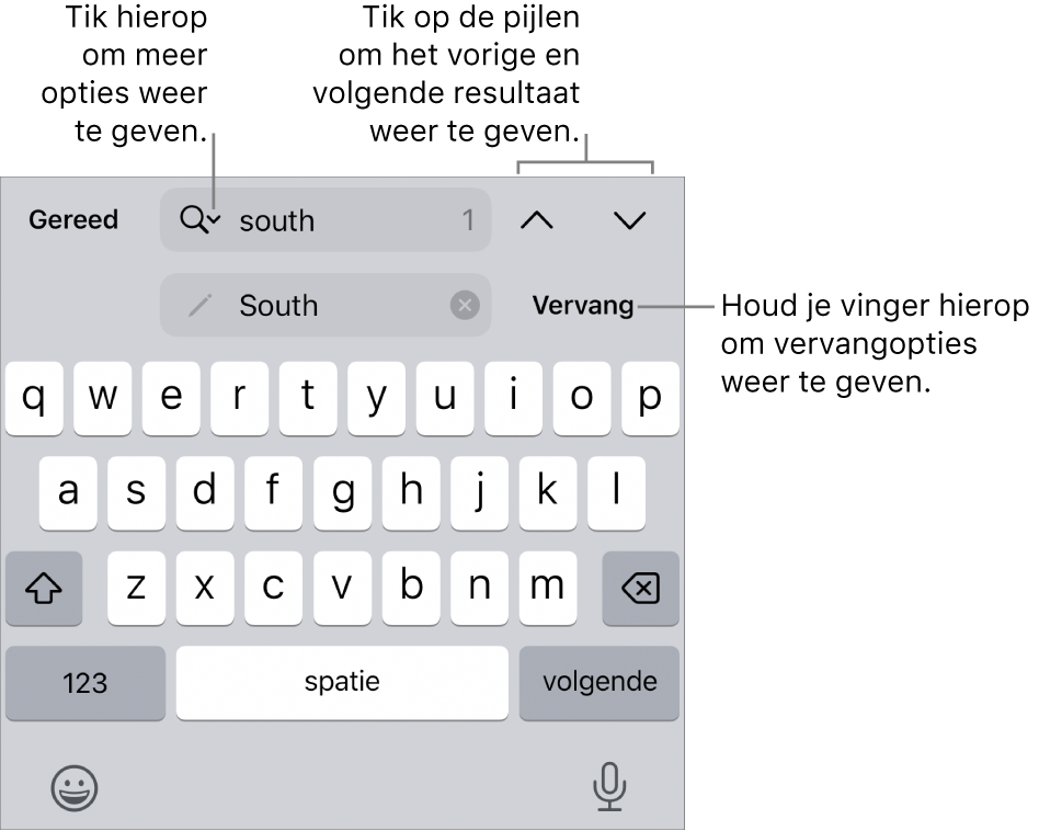 De zoek- en vervangregelaars boven het toetsenbord met uitleg bij de knop voor zoekopties, de knop 'Vervang' en de knoppen met een pijl-omhoog en pijl-omlaag.