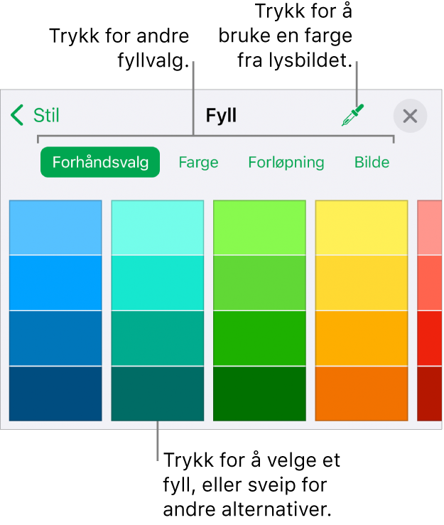 Fyllalternativer i Stil-fanen for Format-knappen.