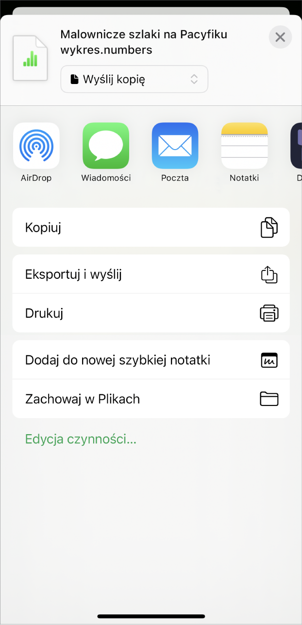 Okno Numbers wyświetlające menu udostępniania z opcjami wysłania kopii arkusza kalkulacyjnego, wyeksportowania i wysłania w innym formacie albo wydrukowania lub zachowania arkusza w aplikacji Pliki.