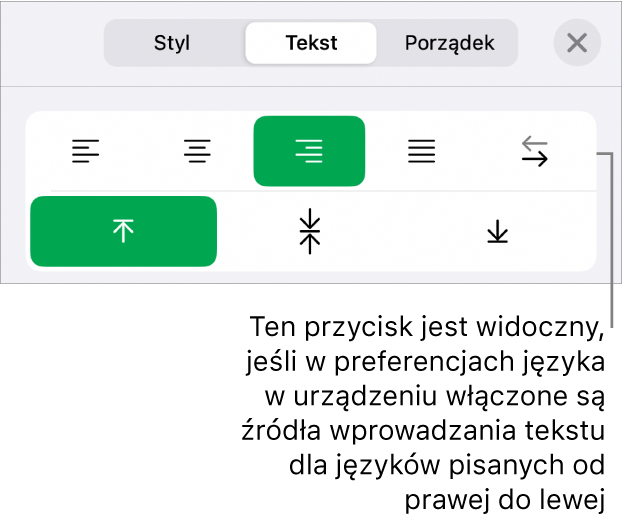 Sekcja Styl na pasku bocznym Format z opisem wskazującym przycisk Od prawej do lewej.