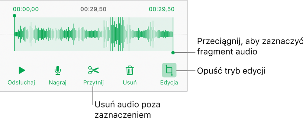 Narzędzia do edycji nagranego dźwięku. Uchwyty wskazują zaznaczoną sekcję nagrania. Poniżej widoczne są przyciski podglądu, nagrywania, przycinania, usuwania oraz trybu edycji.