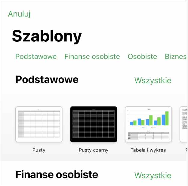 Paleta szablonów z widocznym na górze wierszem kategorii, w które możesz stuknąć, aby filtrować dostępne szablony. Poniżej widoczne są miniaturki gotowych szablonów uporządkowane wierszami według kategorii, zaczynając od widocznej na górze kategorii Ostatnie, po której następuje kategoria Podstawowe. Po prawej stronie nad każdym wierszem kategorii widoczny jest przycisk Zobacz wszystkie.