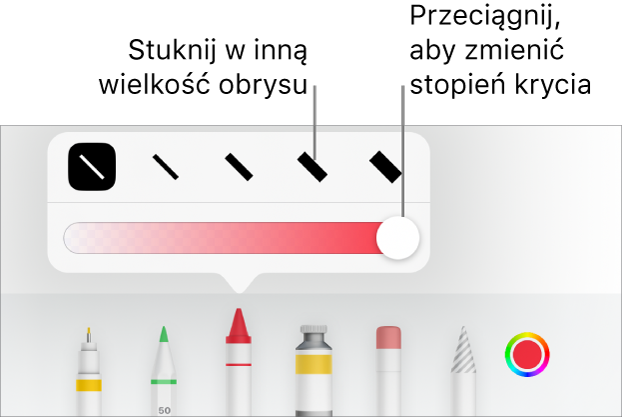 Narzędzia do ustawiania grubości kreski oraz suwak do ustawiania stopnia krycia.