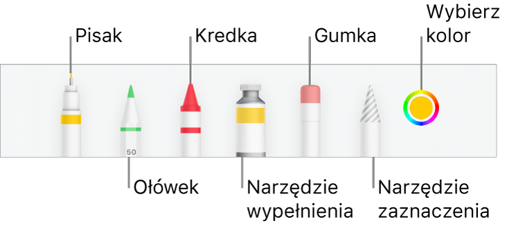 Pasek narzędzi rysowania w Numbers na iPhonie: pisak, ołówek, kredka, wypełnianie, gumka i zaznaczanie. Oprócz nich widoczna jest także paleta kolorów, zawierająca bieżący kolor.