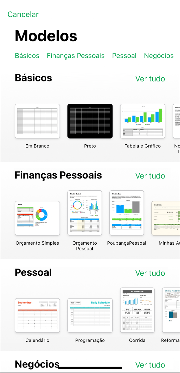 Seletor de modelos, mostrando uma linha de categorias na parte superior na qual você pode tocar para filtrar as opções. Abaixo estão miniaturas de modelos predefinidos organizadas em linhas por categoria, começando com Básico na parte superior e seguidas por Finanças Pessoais, Pessoal e Negócio. O botão Ver Tudo aparece acima e à direita de cada linha de categoria. O botão Cancelar está no canto superior esquerdo.
