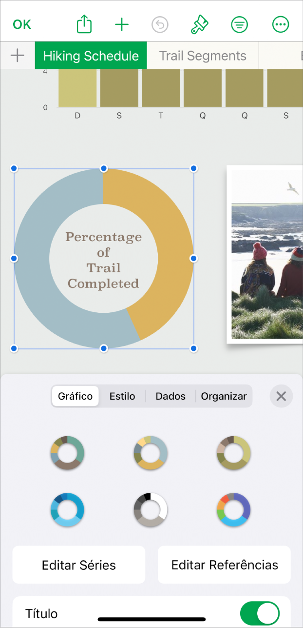 Gráfico de pizza mostrando porcentagens de trilhas concluídas. O menu Formatar também está aberto, mostrando diversos estilos de gráficos dentre os quais escolher, além de opções para editar as referências de série ou gráfico e ativar ou desativar o título do gráfico.