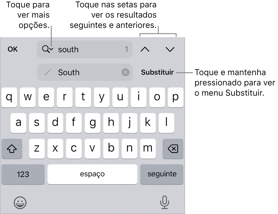 Os controles em Buscar e Substituir acima do teclado, com chamadas para os botões Opções de Busca, Substituir, Ir para Cima e Ir para Baixo.