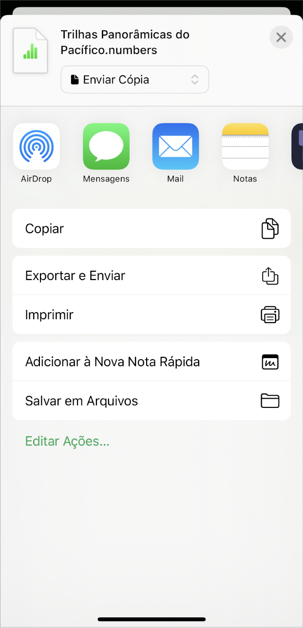 Janela do Numbers mostrando o menu Compartilhar, com opções para enviar uma cópia da planilha, exportar e enviar em um formato diferente, ou imprimir ou salvar a planilha no app Arquivos.